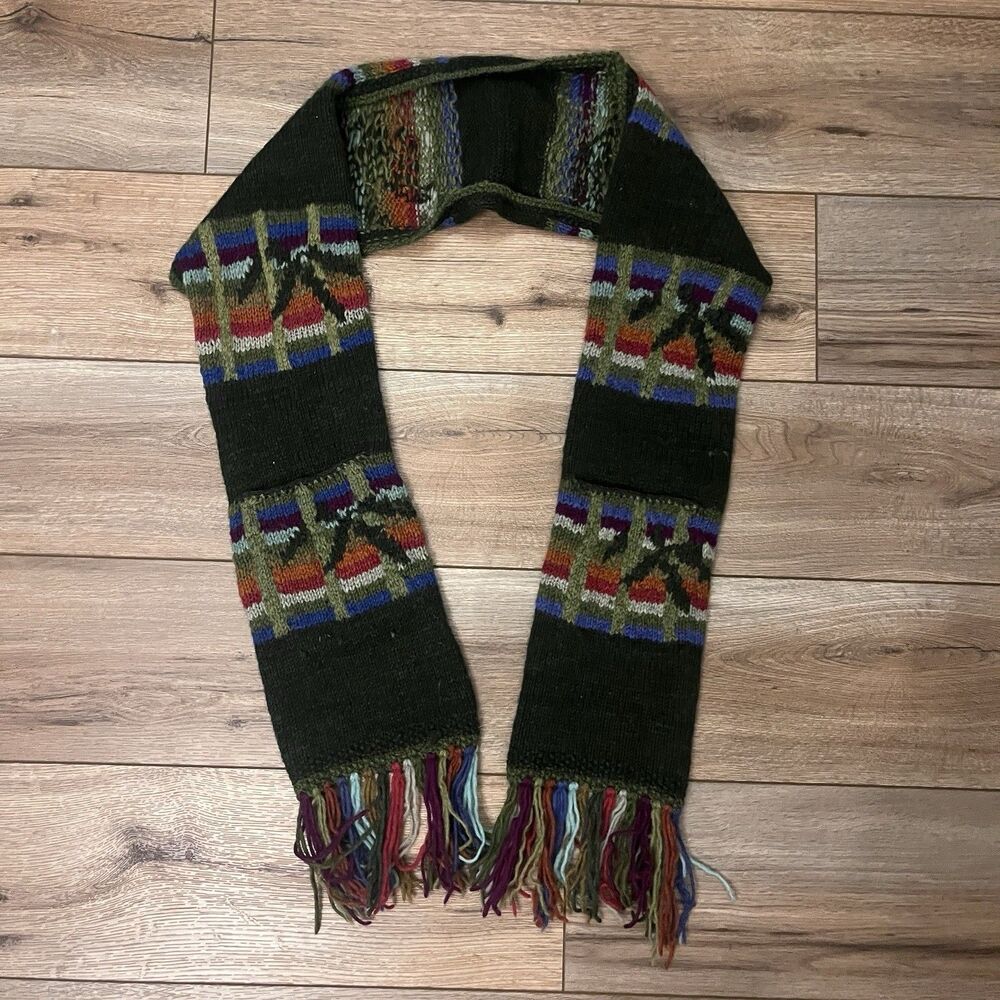 Lost Horizons Green Striped Knit Wool Pocket Scarf Handmade in Nepal Boho